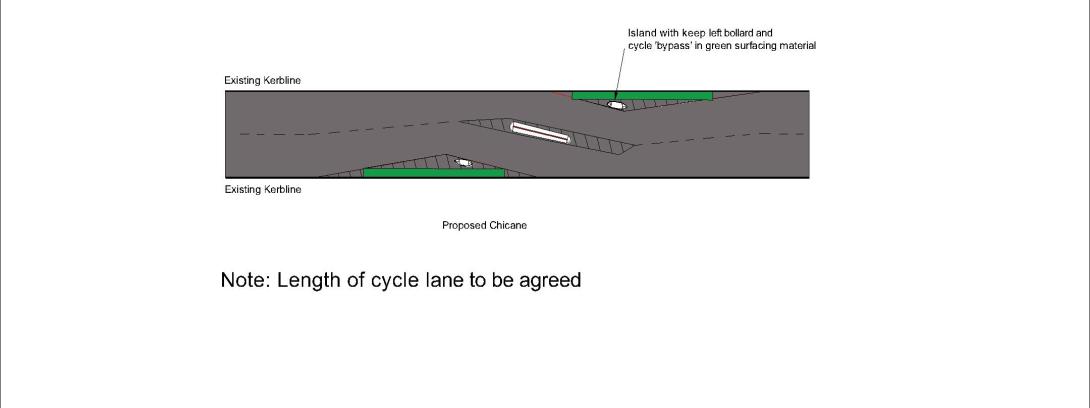 diagram showing example chicane including cycle bypass and island with keep left bollard