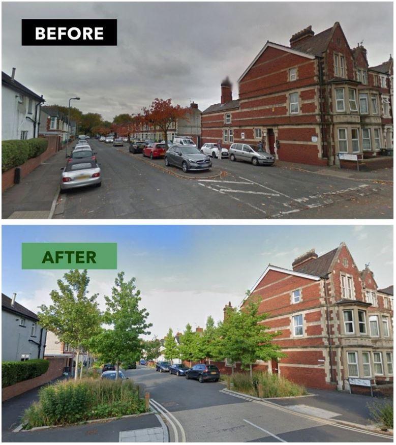 Photo showing the difference green infrastructure can make to a street scene
